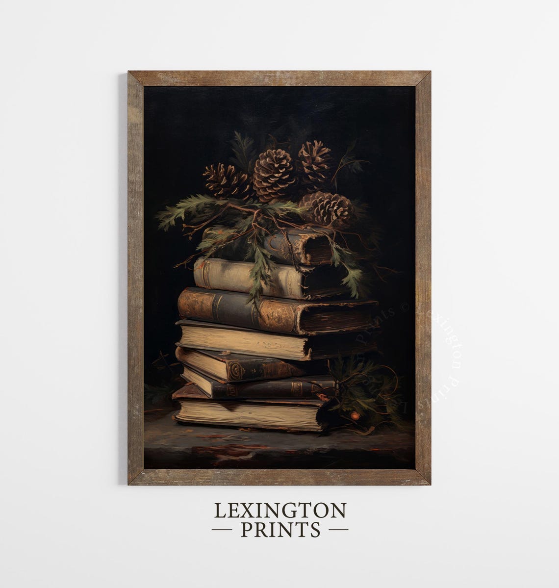 Antique Books Stack Pine Cones Dark Academia Still Life Poster - Image 2