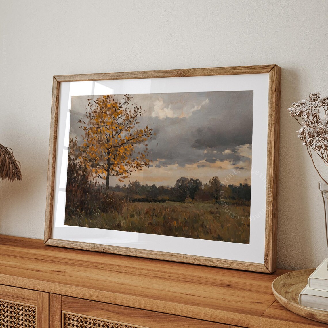Golden Autumn Tree in Open Field Cloudy Sky Oil Painting Poster - Image 8