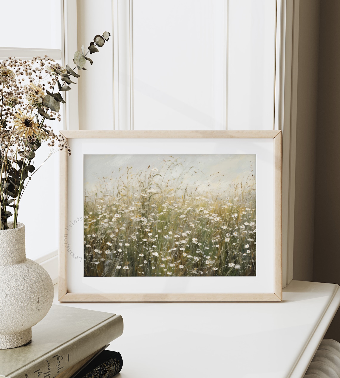 Misty Wildflower Meadow Daisy Field Soft Neutral Landscape Poster - Image 2