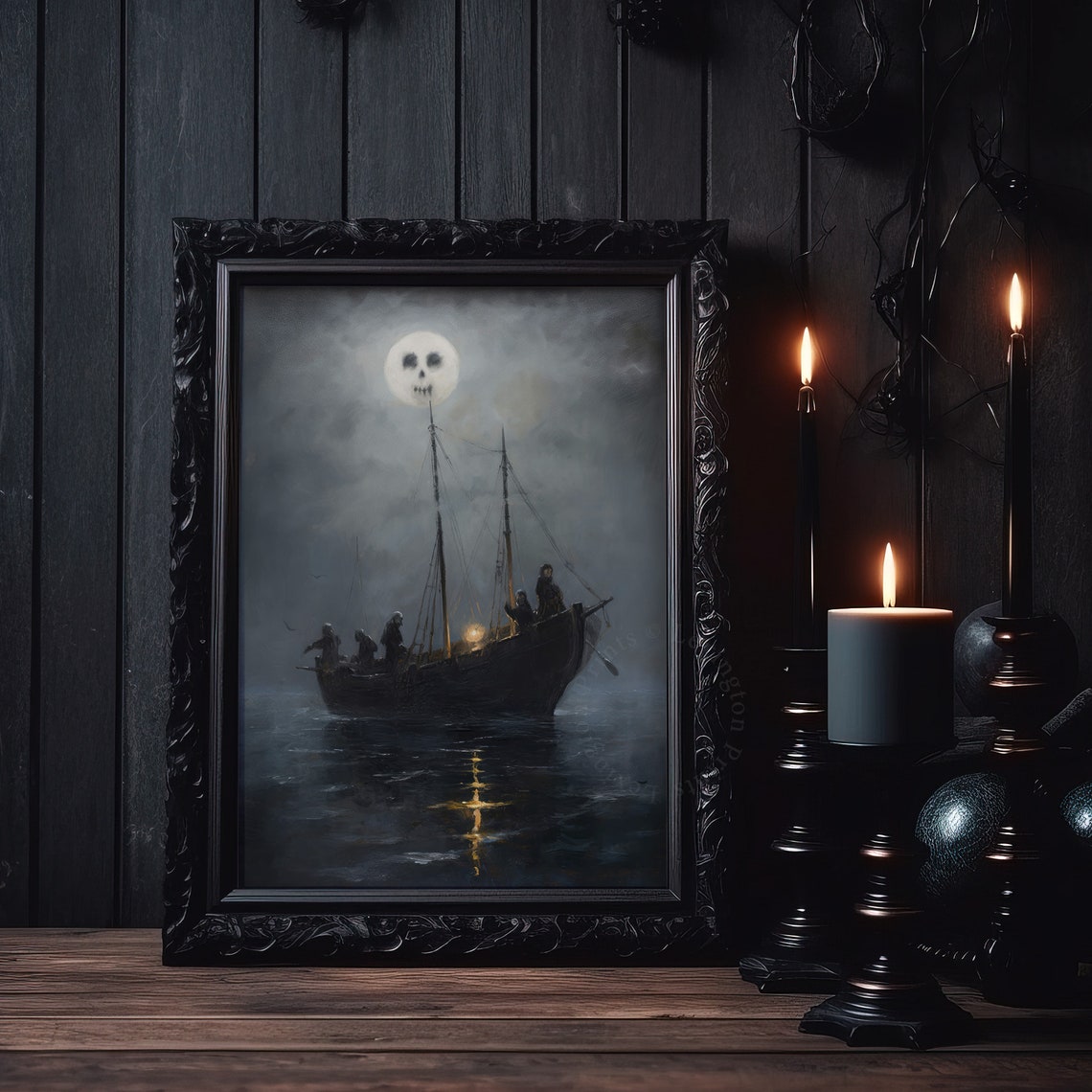 Ghost Ship Sailing Under Skull Moon Dark Spooky Halloween Poster - Image 6