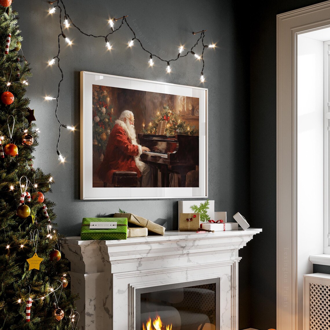 Santa Claus Playing Piano Christmas Tree Vintage Holiday Poster - Image 8