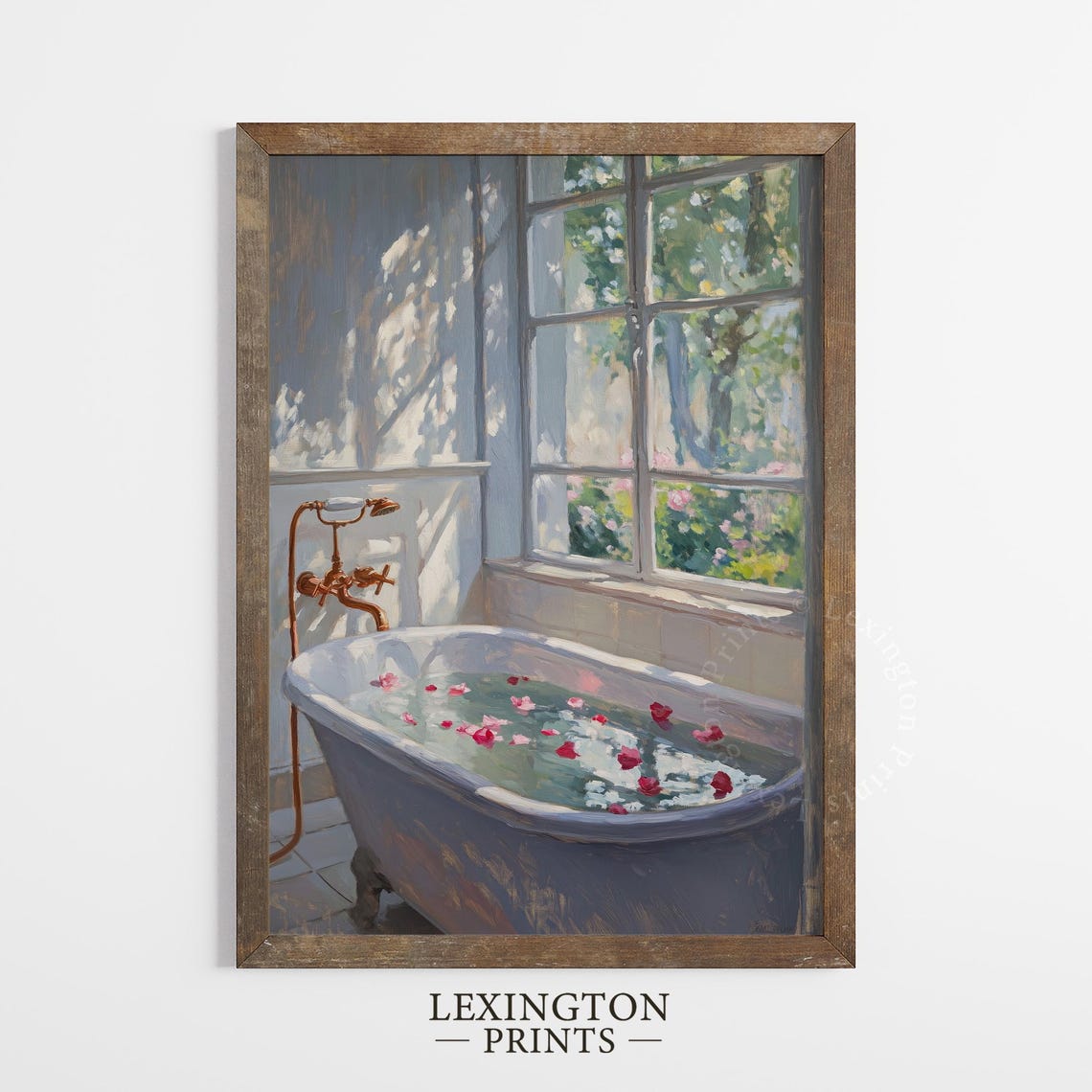 Rose Petal Bathtub by Sunlit Window Serene Spa Bathroom Art Print - Image 4