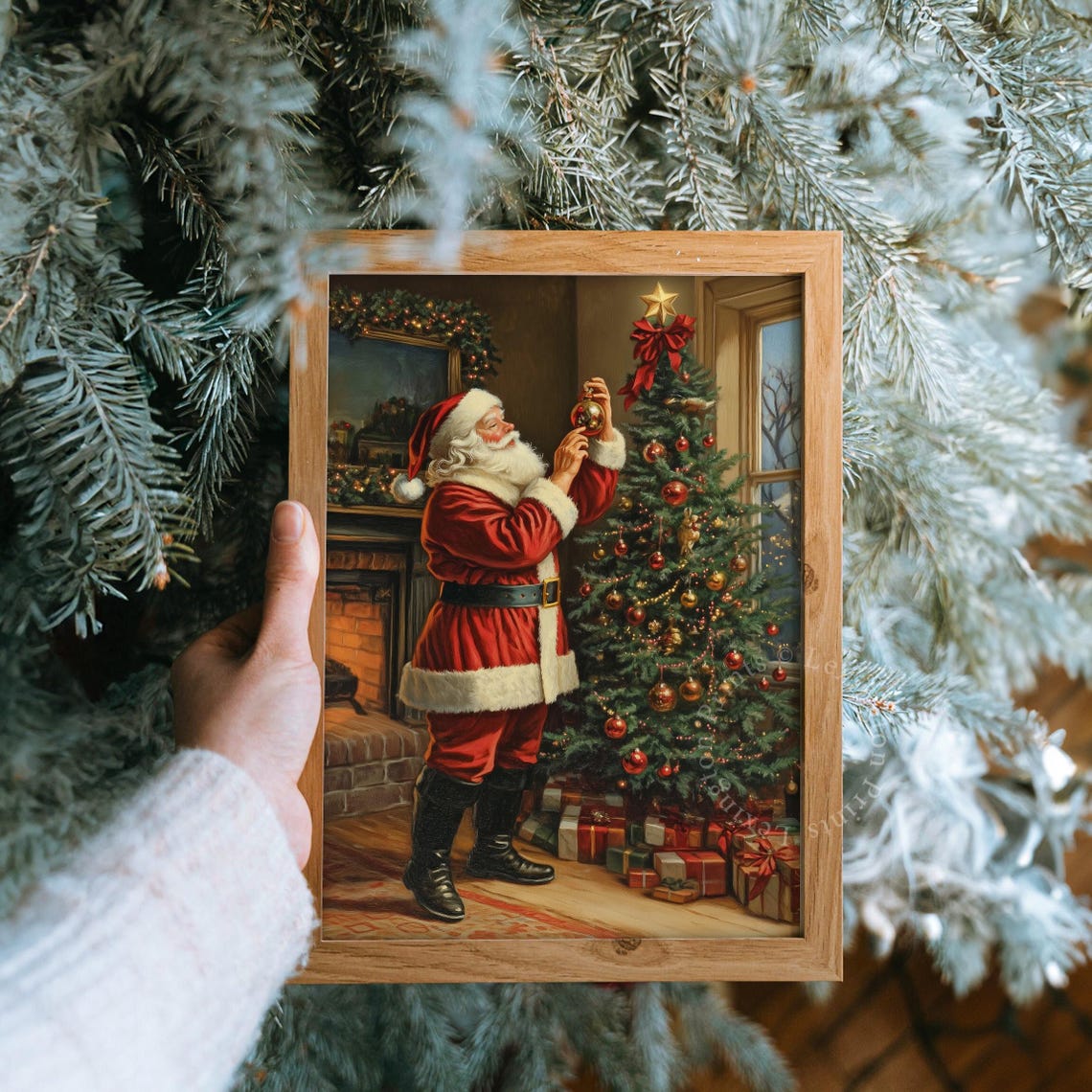 Santa Decorating Christmas Tree Fireside Vintage Holiday Poster - Image 8