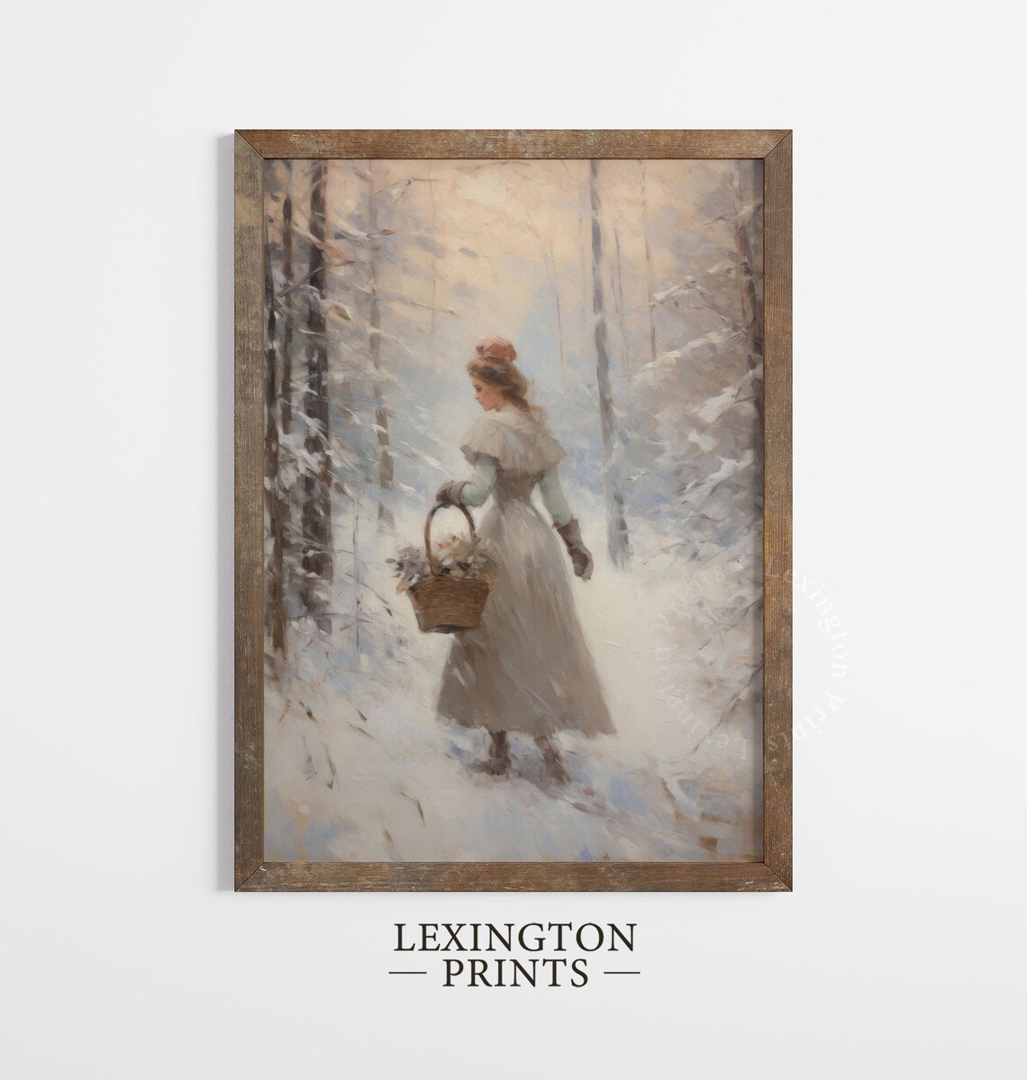 Woman Winter Forest Snowy Basket Vintage Moody Painting Poster - Image 5