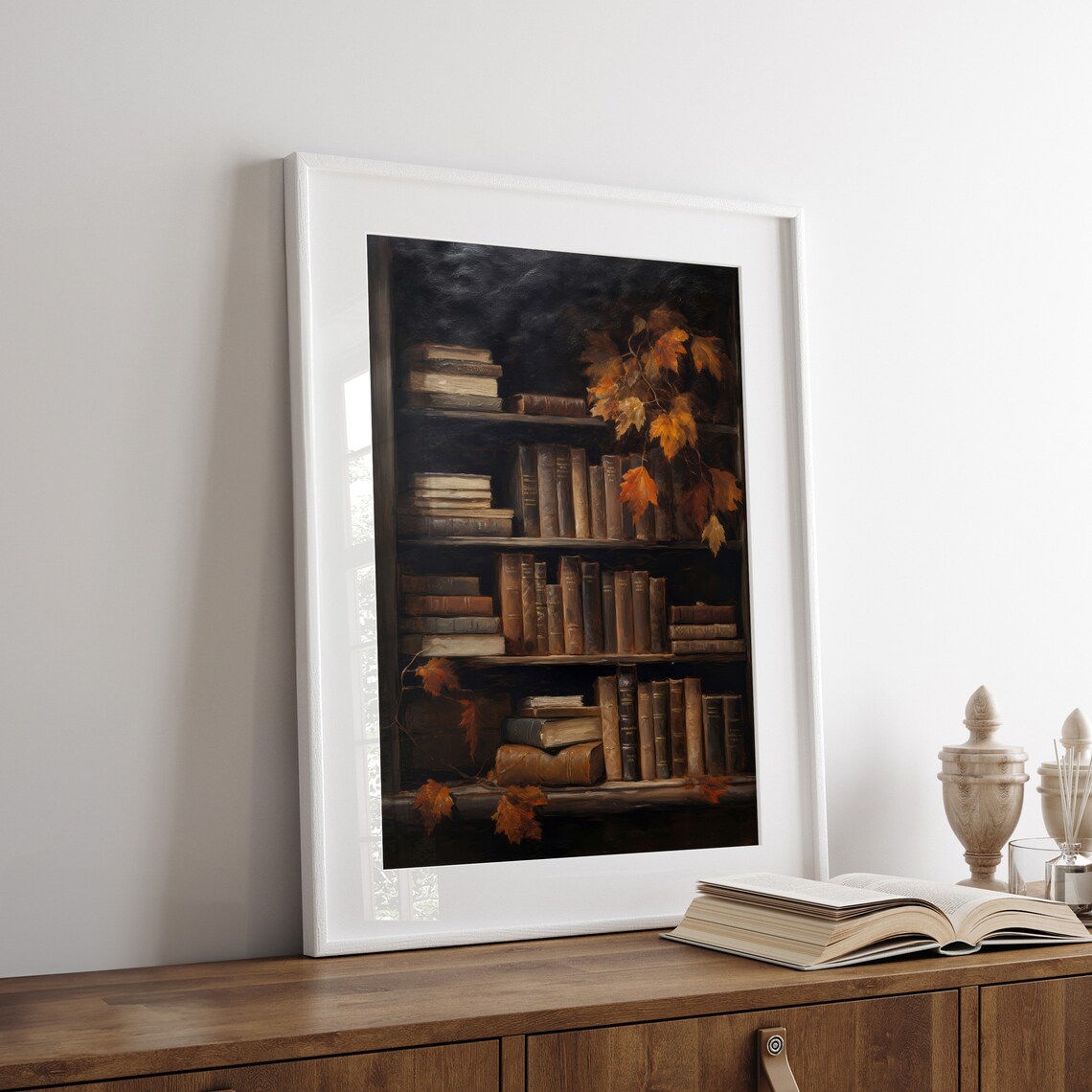 Dark Moody Bookshelf Vintage Books Autumn Maple Leaves Rustic Painting Poster - Image 7