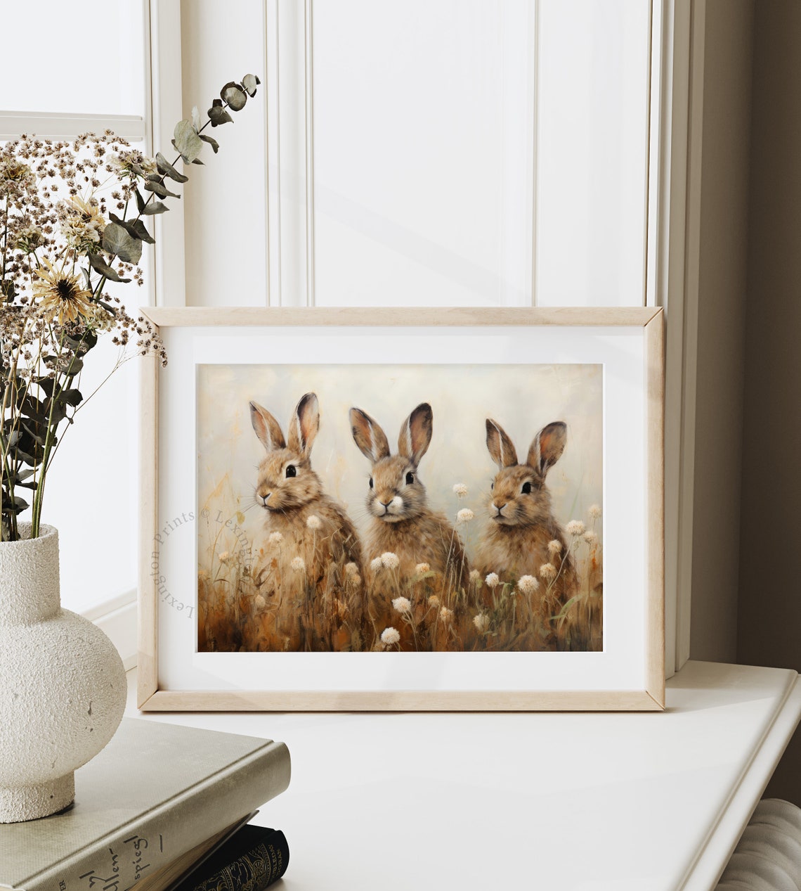 Three Bunnies Wildflower Field Vintage Spring Rabbit Painting Poster - Image 4