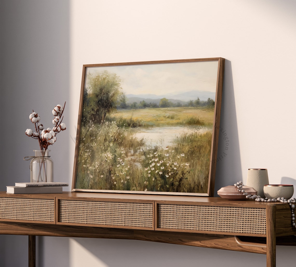 Wildflower Field Pond Landscape Vintage Spring Meadow Wall Art - Image 7