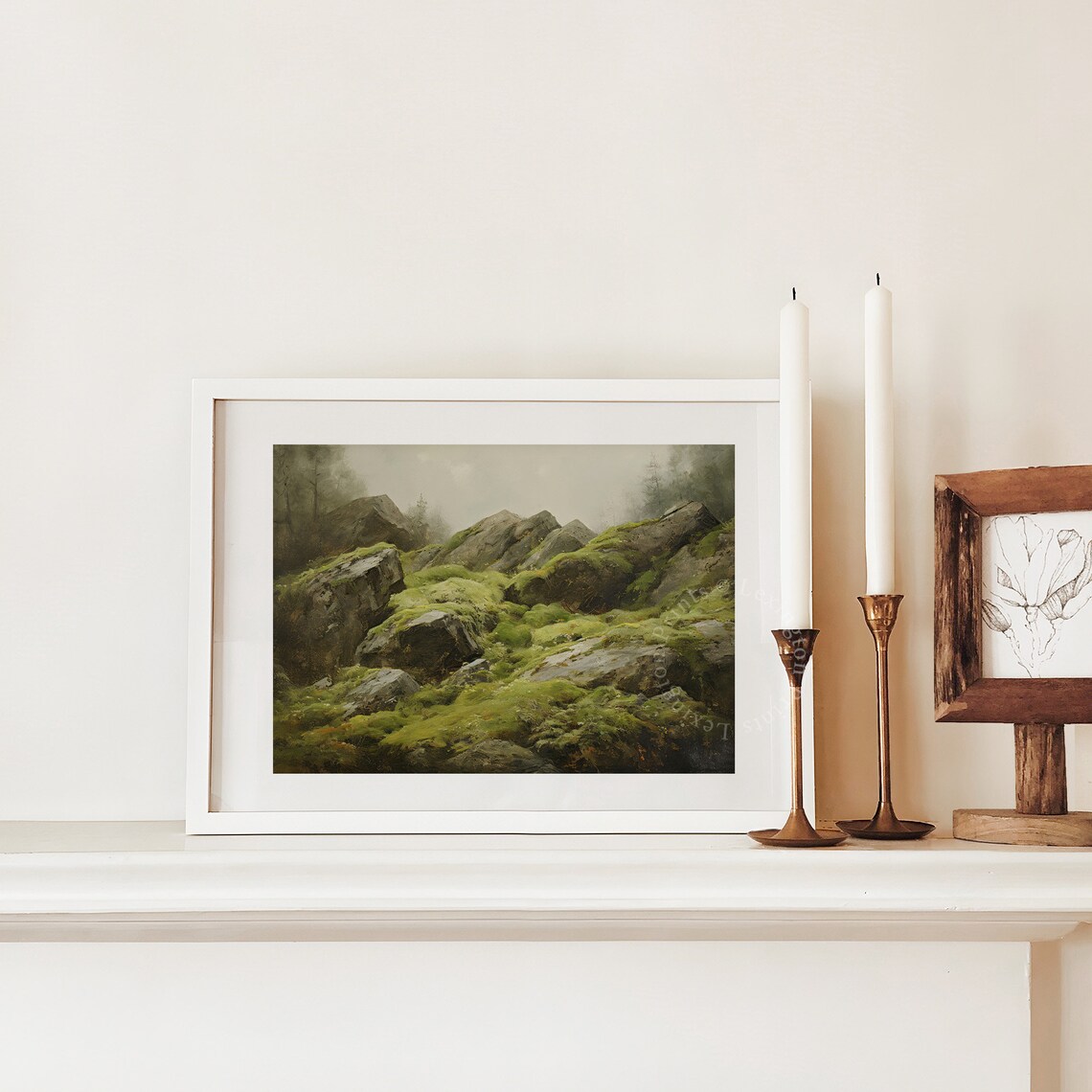 Moss Covered Rocks in Misty Green Forest Oil Painting Poster - Image 3