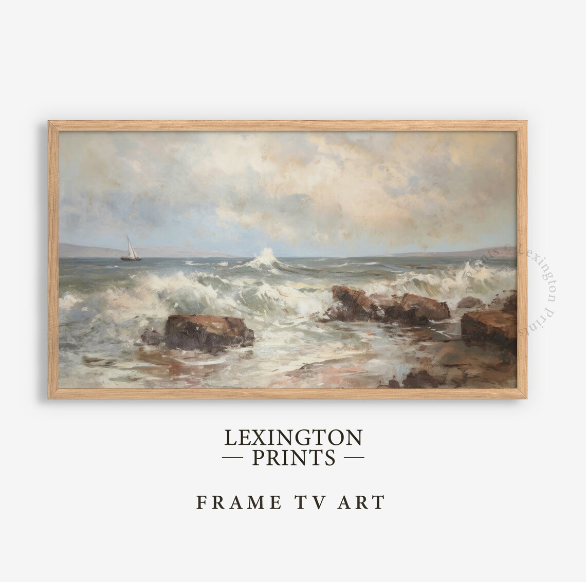Crashing Ocean Waves Rocky Shore Sailboat Seascape Painting Poster - Image 4