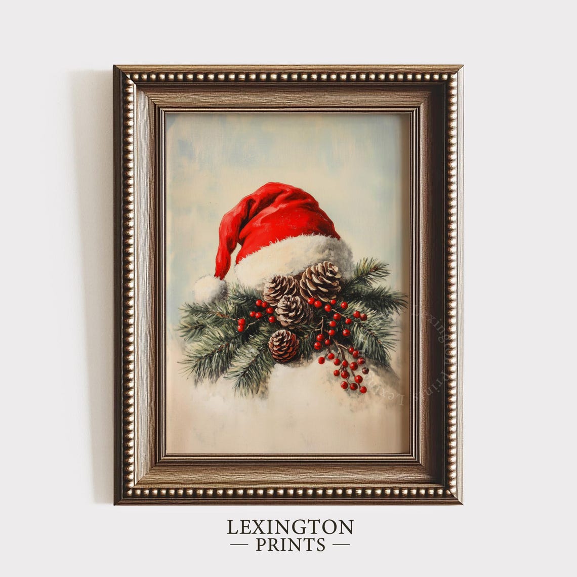Red Santa Hat with Pinecones and Berries Christmas Decor Poster - Image 4