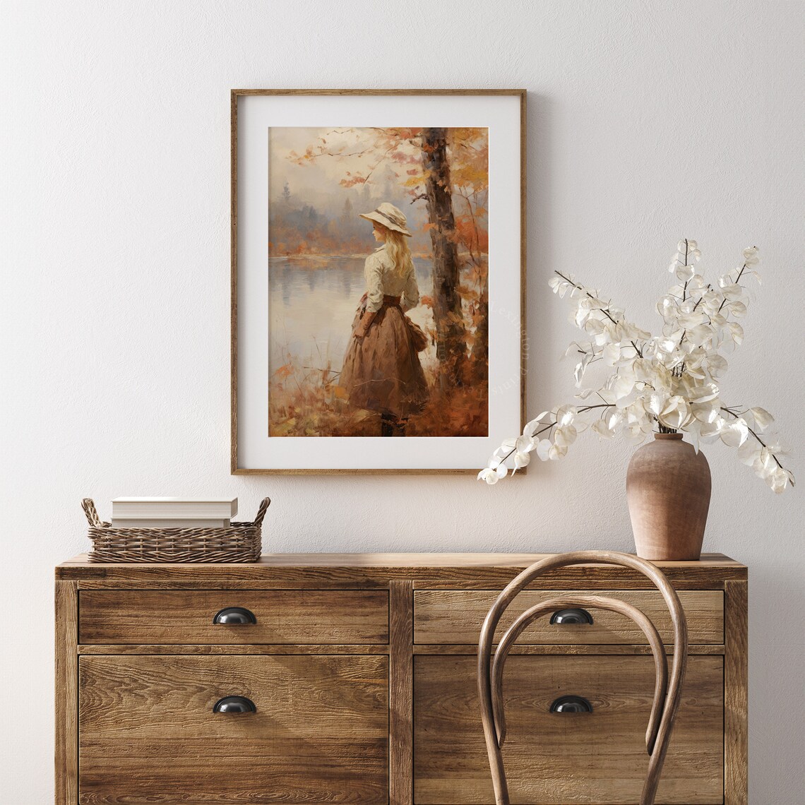Woman in a Hat by an Autumn Lake Vintage Fall Painting Poster - Image 8