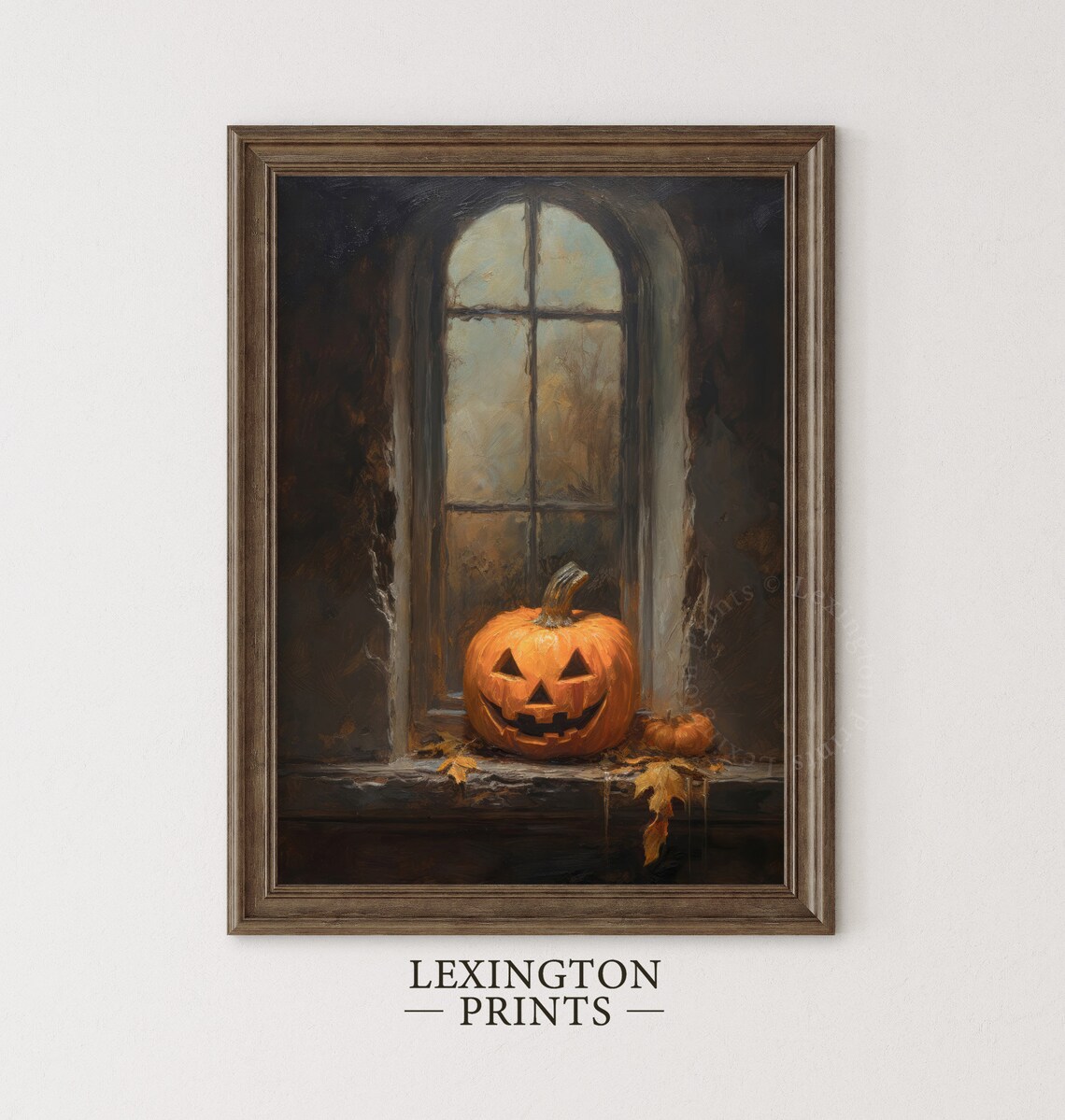 Jack-o-Lantern on Dark Arched Window Sill Moody Oil Painting Poster - Image 3