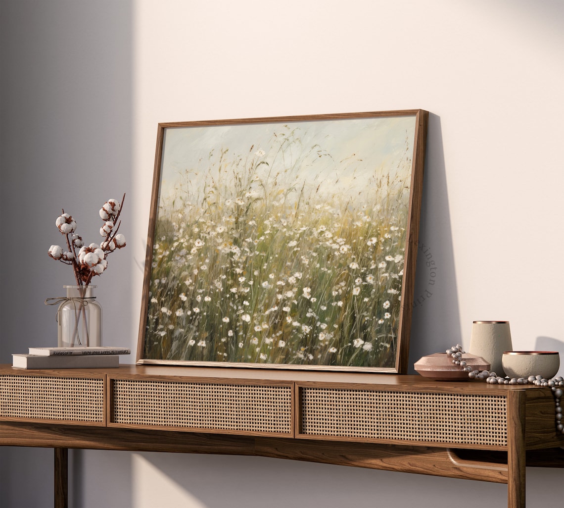 Misty Wildflower Meadow Daisy Field Soft Neutral Landscape Poster - Image 4