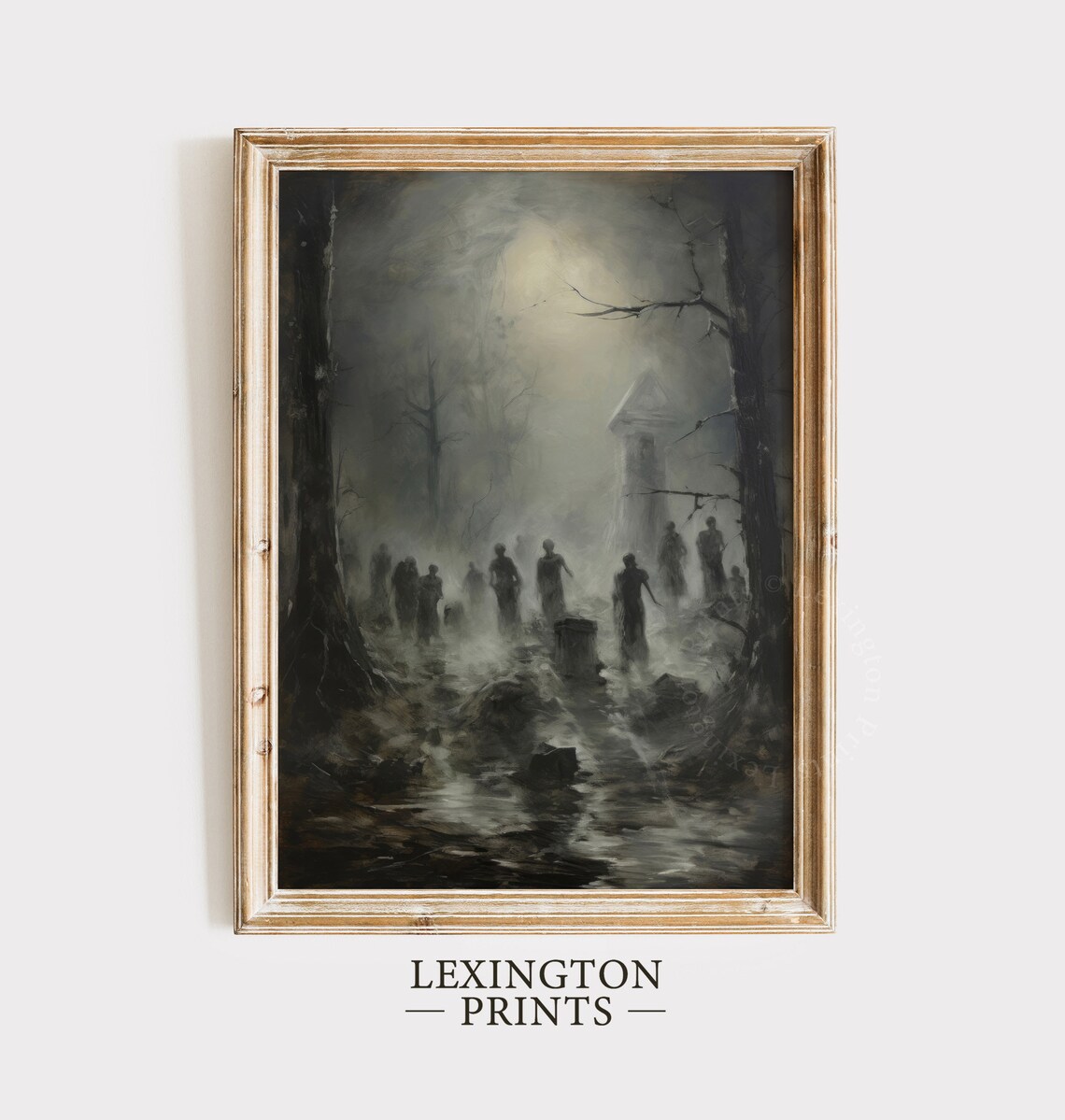 Ghostly Figures In Foggy Graveyard Misty Monastery Dark Gothic Painting Poster - Image 3