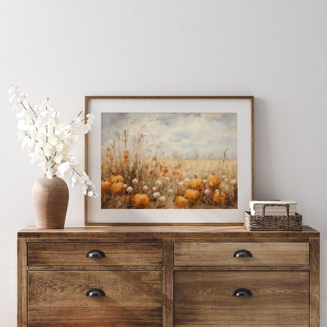 Pumpkin Patch in Autumn Field Tall Grass Harvest Season Landscape Poster - Image 4