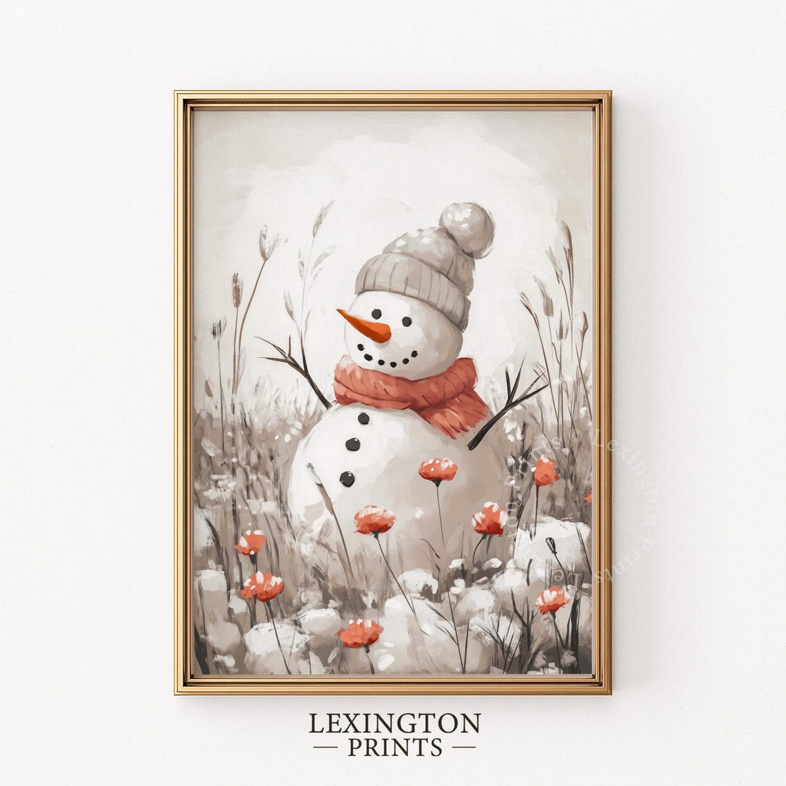 Neutral Snowman with Coral Scarf in Winter Field Christmas Wall Art - Image 4