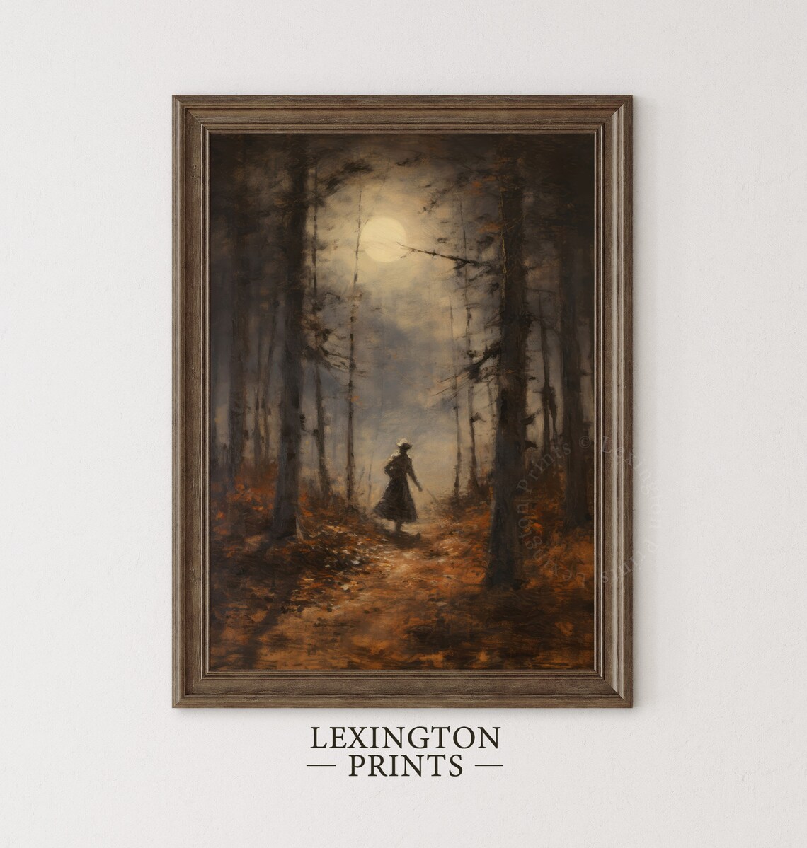 Moonlit Forest Path Lone Figure Moody Autumn Night Painting Poster - Image 4