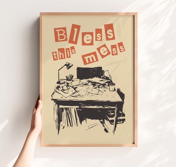 Cheeky Bless This Mess Retro Desk Quote Funny Home Office Poster
