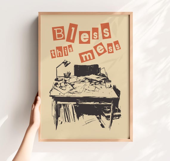 Retro Bless This Mess Desk Poster Funny Office Wall Decor Vintage Workspace Art For Home Or
