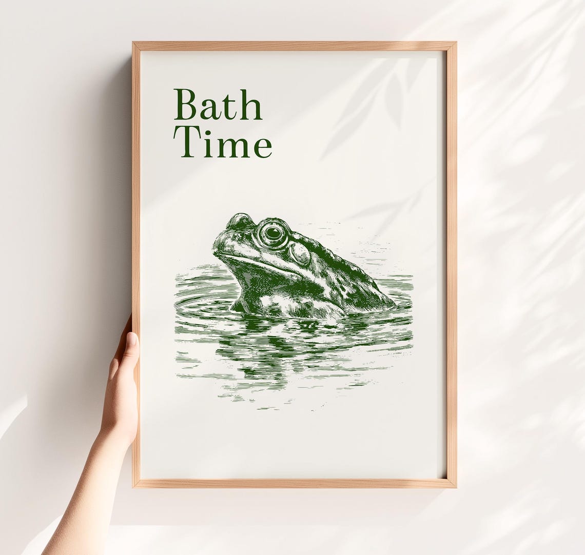 Bath Time Frog Vintage Green Engraving Funny Bathroom Toad Poster