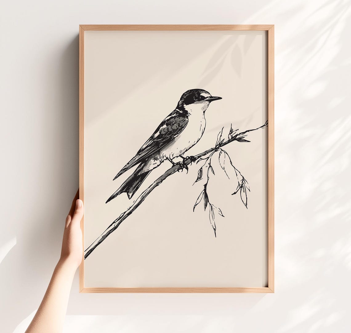 Black And White Bird Sketch Ink Branch Minimalist Drawing Poster
