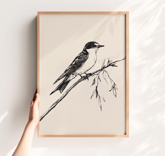 Black And White Bird Sketch Ink Branch Minimalist Drawing Poster