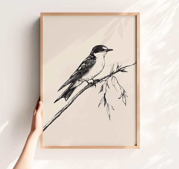 Retro Swallow On A Branch Print Bird Sketch Art Home Decor Abstract Vintage Nursery Neutral Minimalist