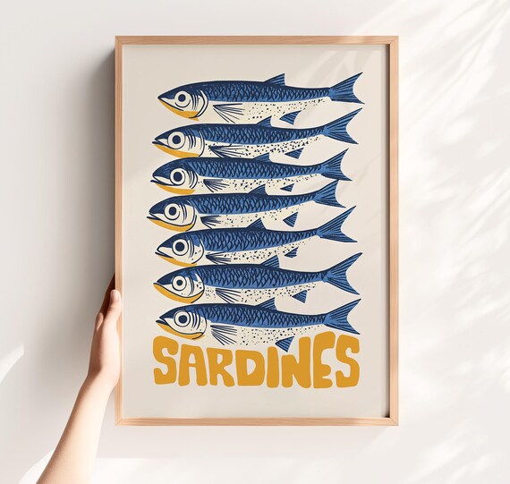 Retro Sardines Illustration Seven Blue Fish Funny Kitchen Poster