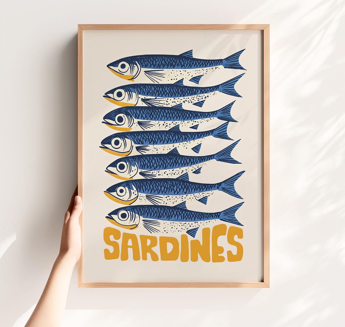 Retro Sardines Illustration Seven Blue Fish Funny Kitchen Poster