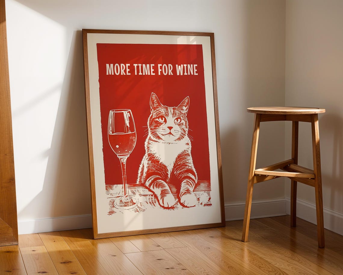 More Time For Wine Funny Cat Red Retro Kitchen Humor Wall Art