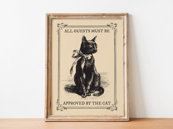 Vintage Black Cat Art Print, Funny House Rules Sign
