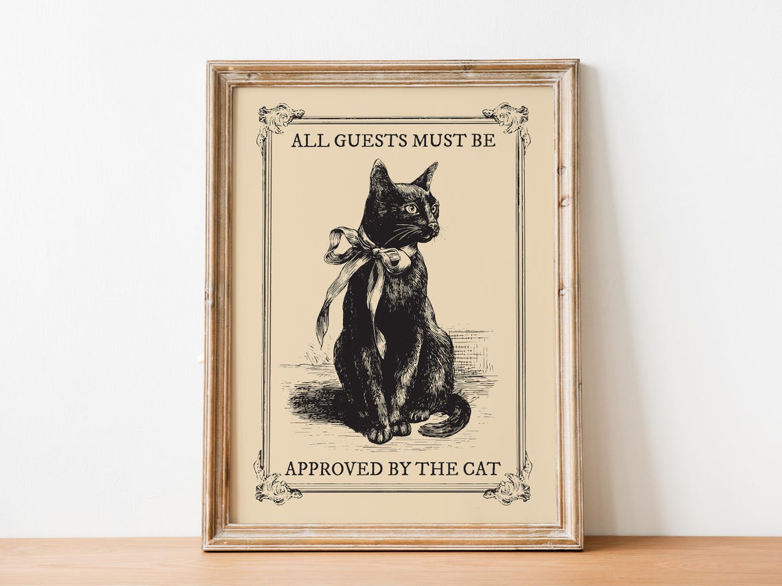Vintage Black Cat Art Print, Funny House Rules Sign