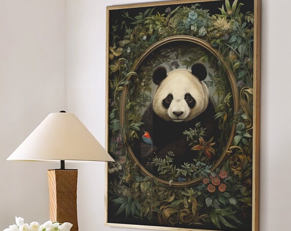 Giant Panda Portrait In Oval Frame Lush Jungle Garden Poster