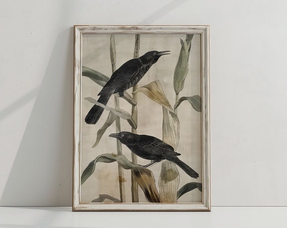 Primitive Crow Painting Rustic Cottage Fall Autumn Print Instant Muted Wall Art Bird Minimalist Home Decor