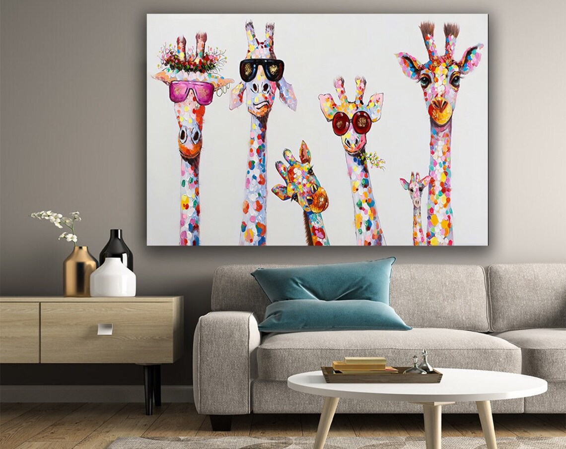 Funny Giraffe Family Sunglasses Colorful Pop Art Playful Animal Wall Art
