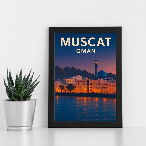 Muscat Oman Night Waterfront Mosque Dome Skyline Glow Art Poster
