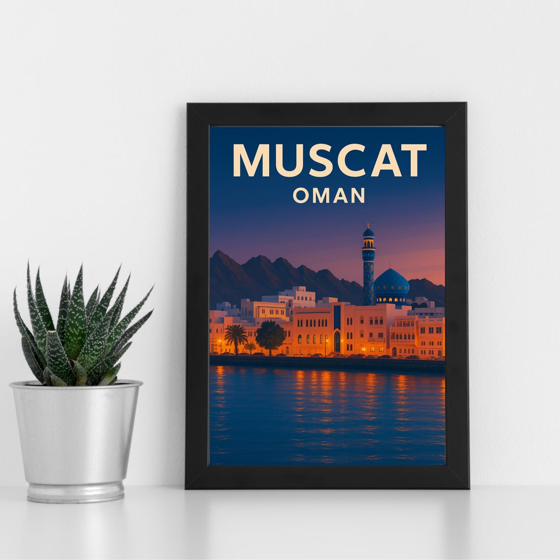 Muscat Oman Night Waterfront Mosque Dome Skyline Glow Art Poster