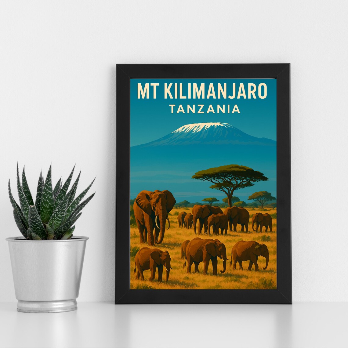 Mount Kilimanjaro Tanzania Elephant Herd Savanna Safari Art Poster