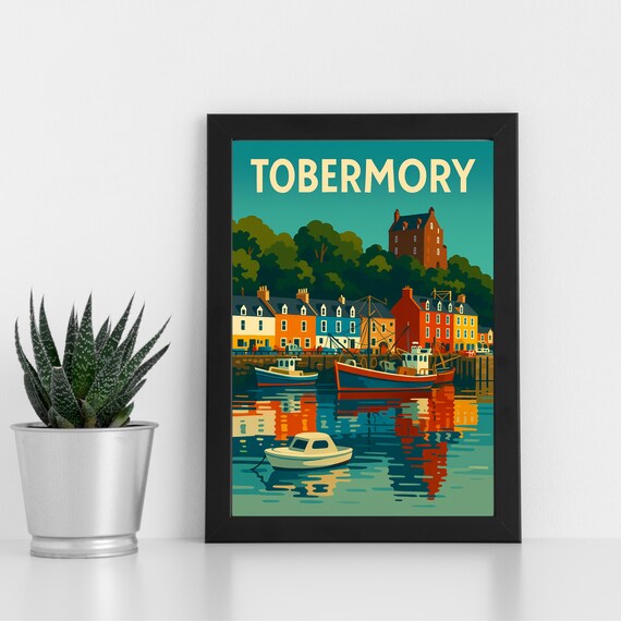 Tobermory Mull Harbour Retro Scottish Coastal Town Poster Art