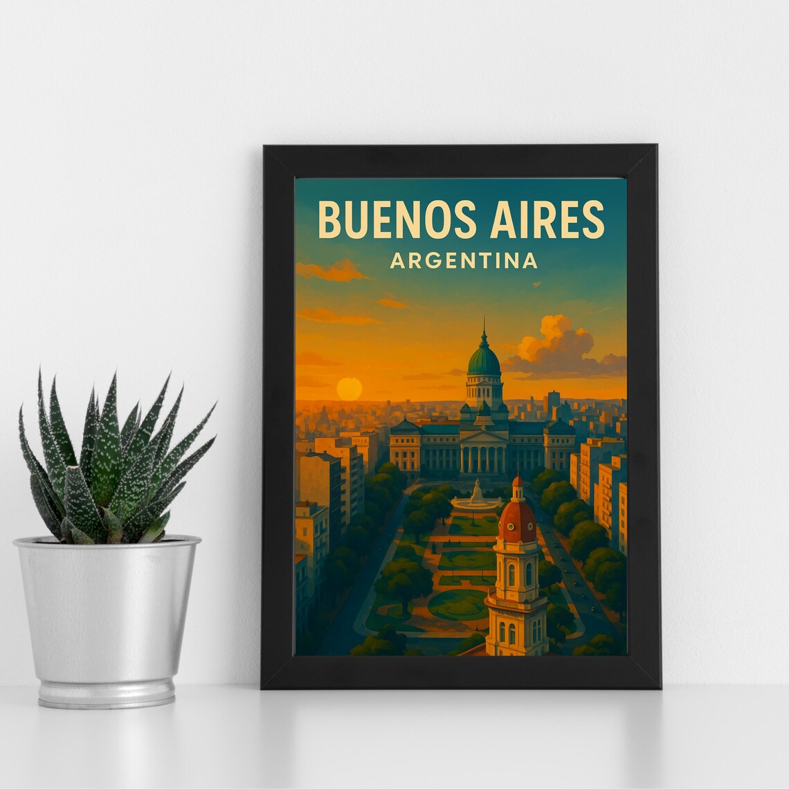 Buenos Aires Argentina Golden Sunset City Skyline Travel Poster