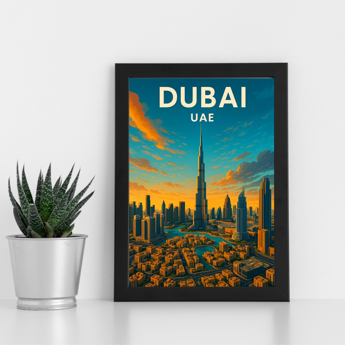 Dubai UAE Burj Khalifa Sunset Skyline Towers Vintage Travel Poster
