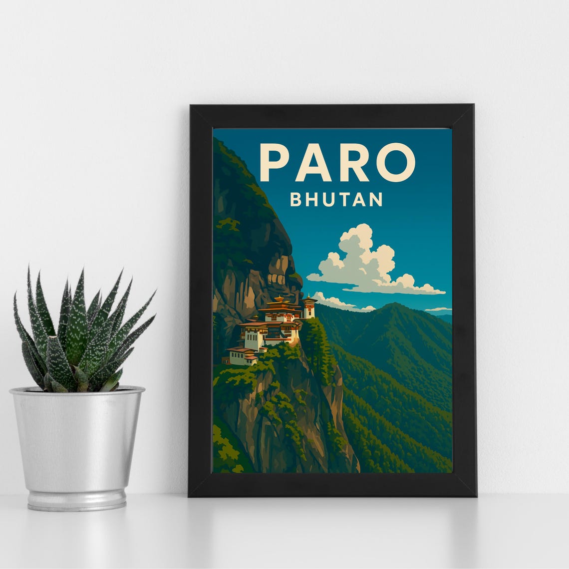 Paro Bhutan Tigers Nest Monastery Cliff Vintage Travel Poster