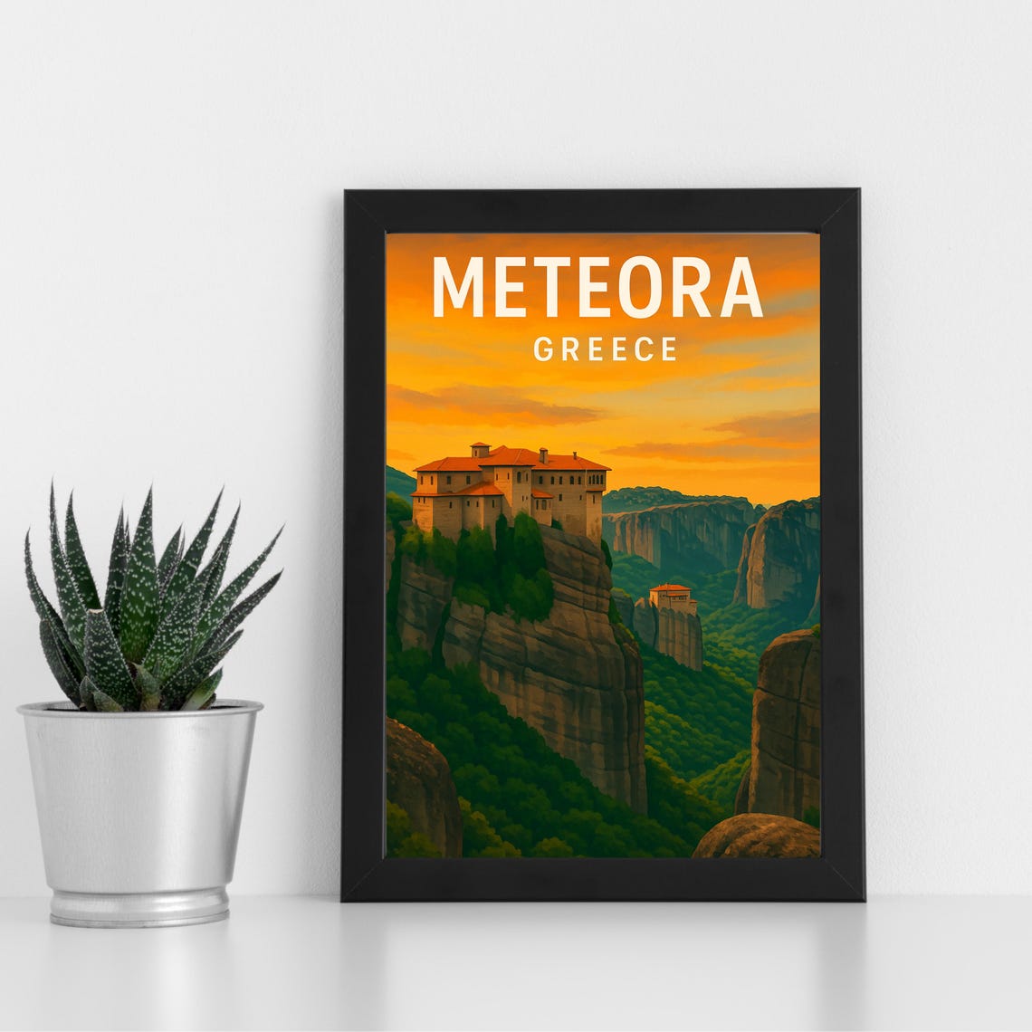 Meteora Greece Monastery on Rocky Cliff Sunset Travel Poster