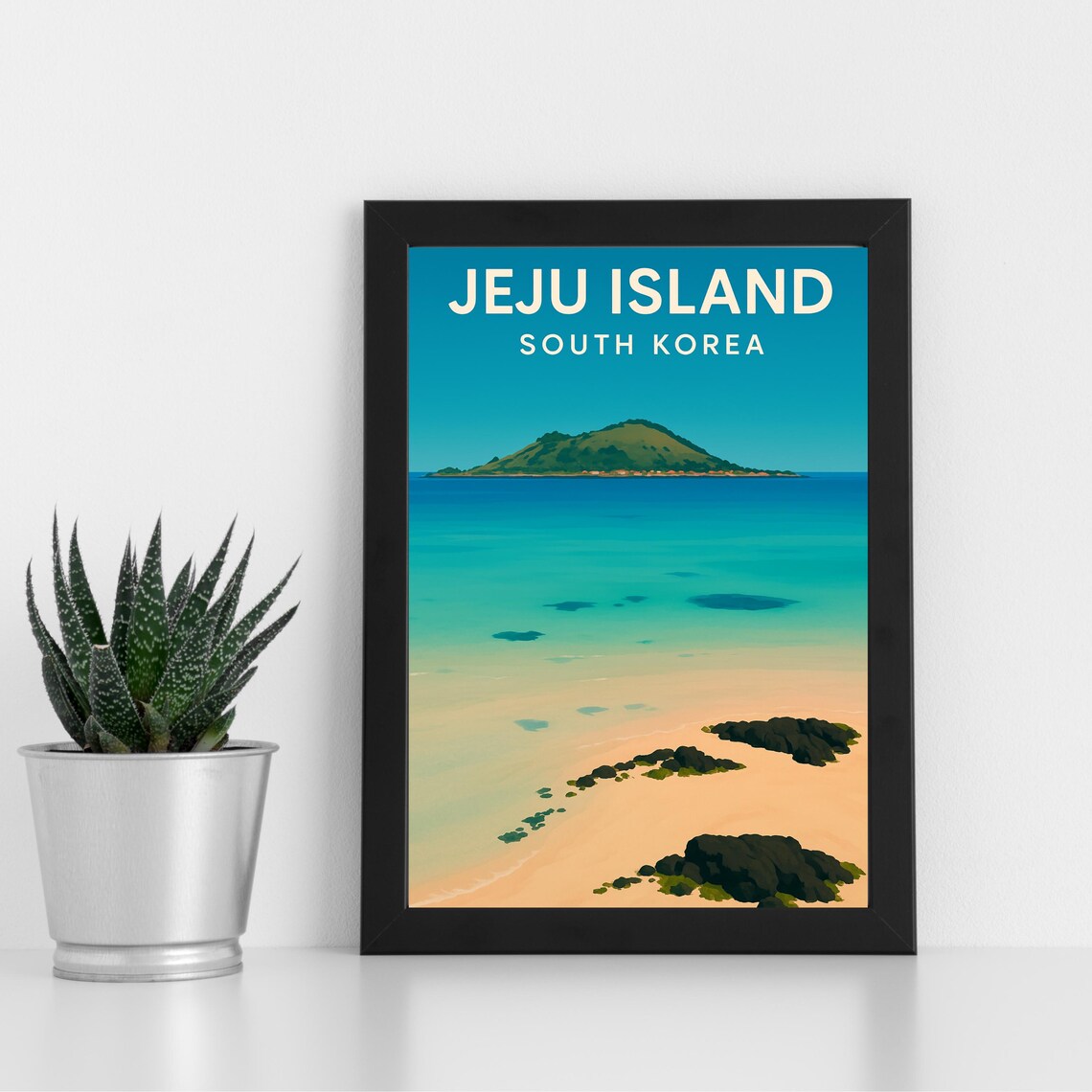 Jeju Island South Korea Retro Travel Style Turquoise Beach Poster