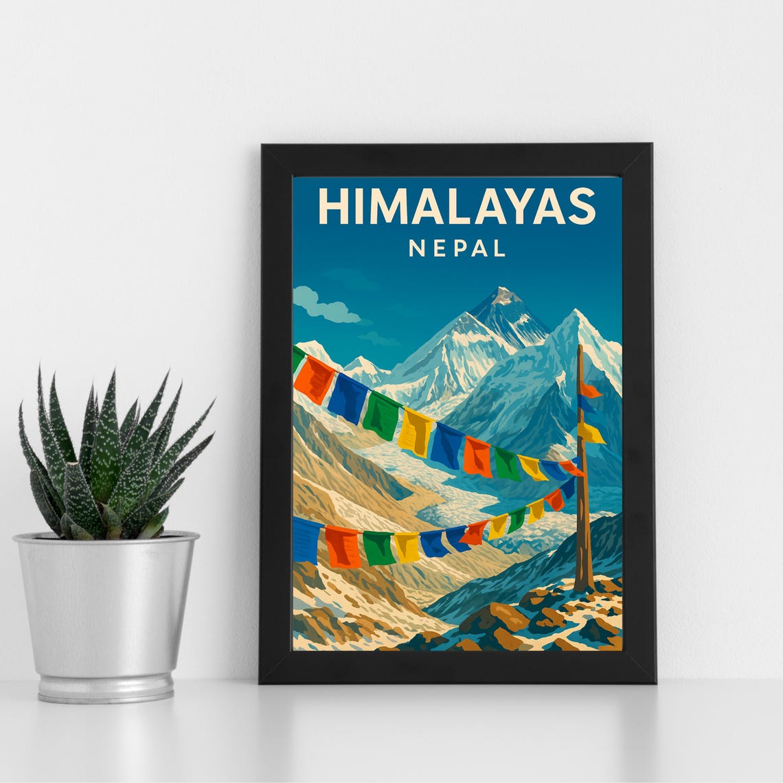 Himalayas Nepal Retro Travel Poster Prayer Flags Mountain Art