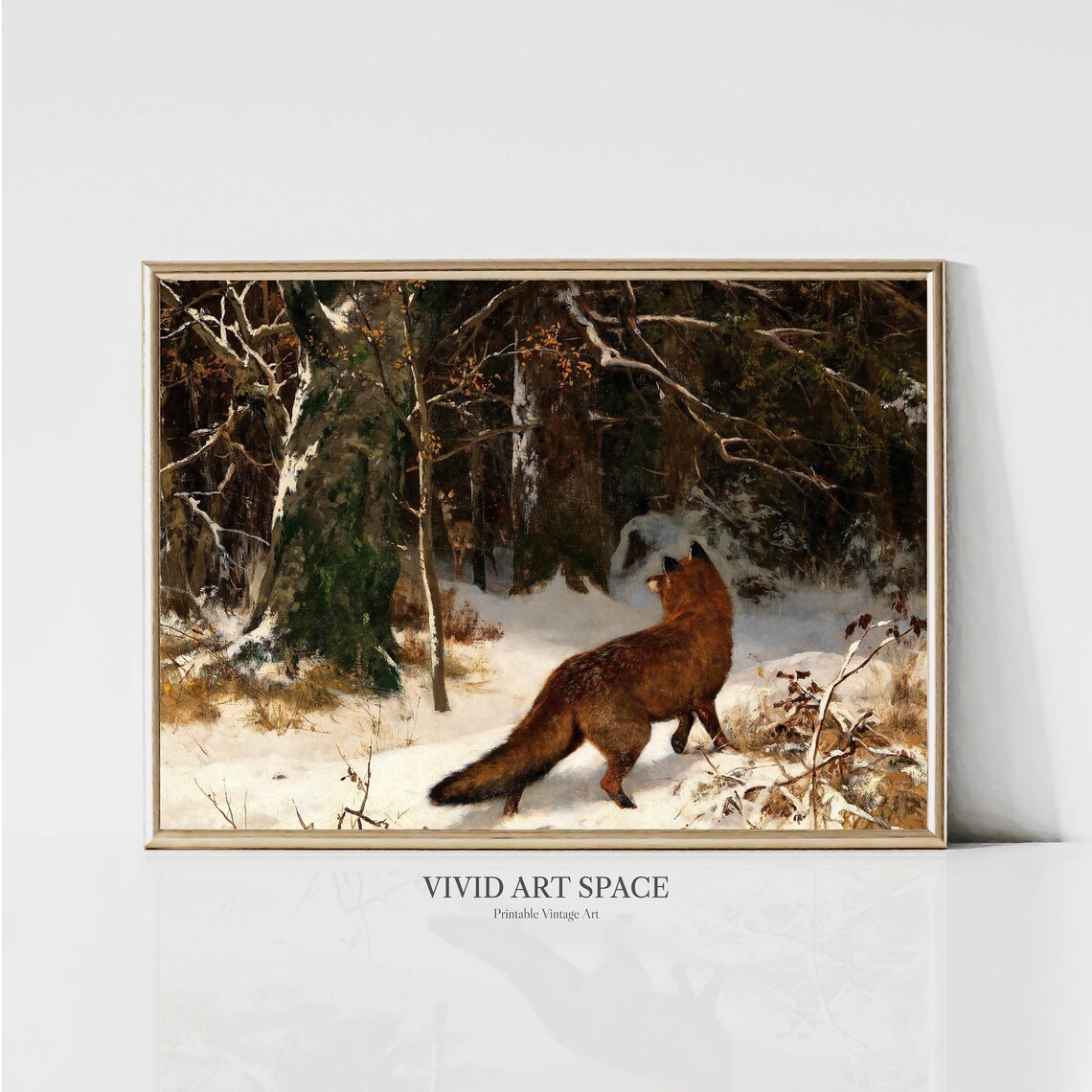 Winter Encounter Fox Vintage Art Print, Forest Scene
