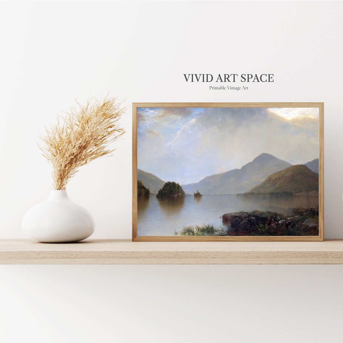 Tranquil Misty Mountain Lake Islands Vintage Hudson Style Poster - Image 3