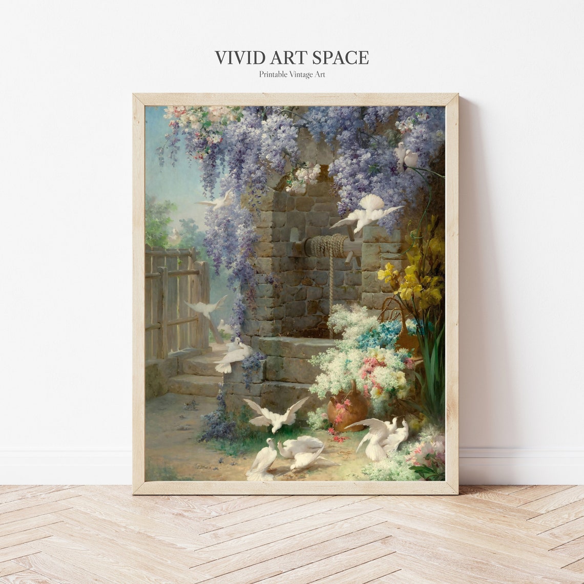 White Doves in a Spring Garden Among Blossoms Vintage Art Print - Image 3