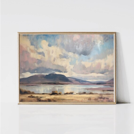 Vintage Lake Mountain Landscape Painting Rustic Spring Meadow Print Cloudy Sky Printable Farmhouse Wall Art