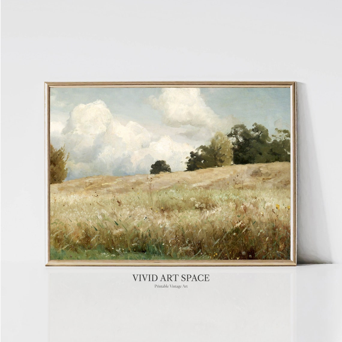 Golden Meadow Under Summer Clouds Vintage Landscape Art Print